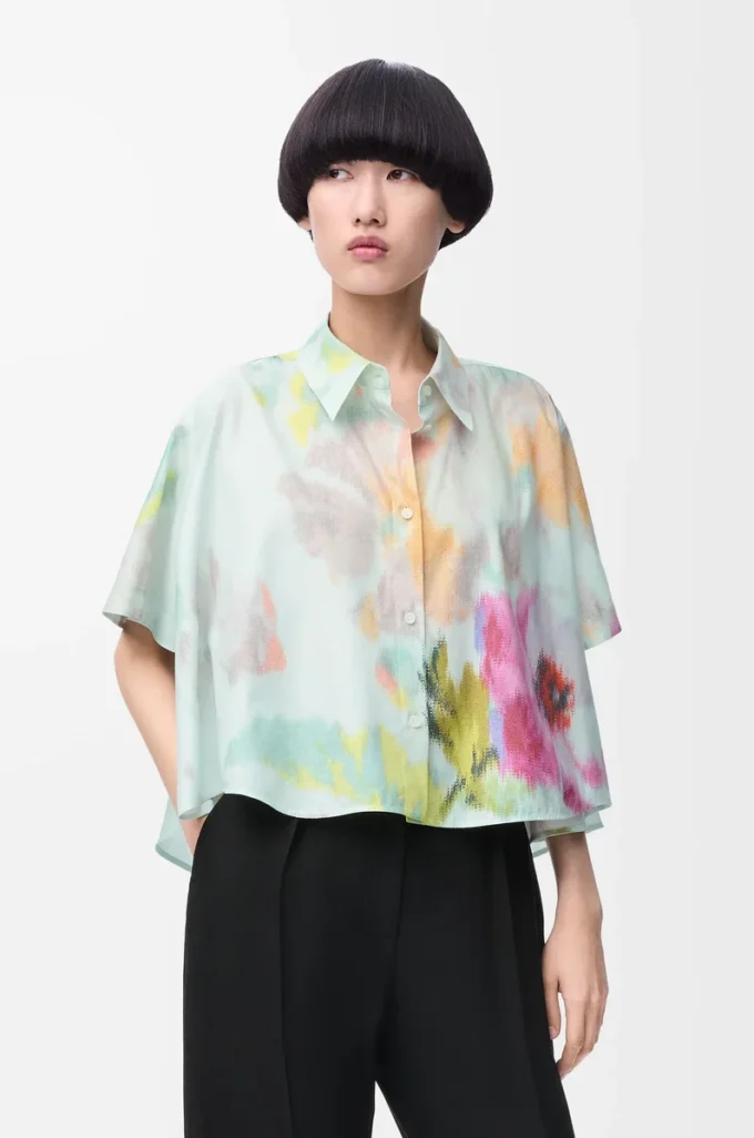 Short sleeve trapeze shirt in cotton and silk Light Blue/Multicolor Short sleeve trapeze shirt in cotton and silk Light Blue/Multicolor