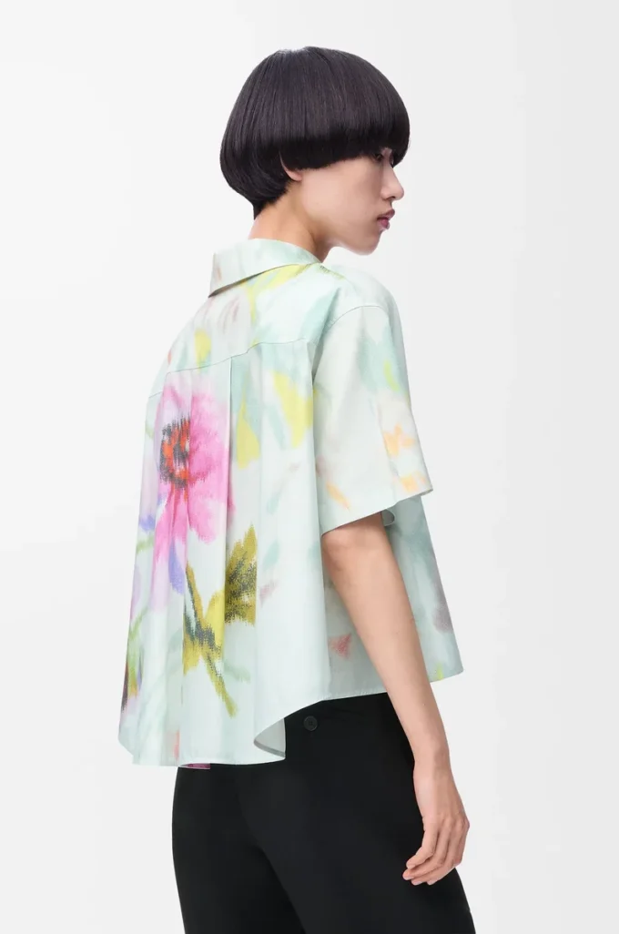 Short sleeve trapeze shirt in cotton and silk Light Blue/Multicolor Short sleeve trapeze shirt in cotton and silk Light Blue/Multicolor