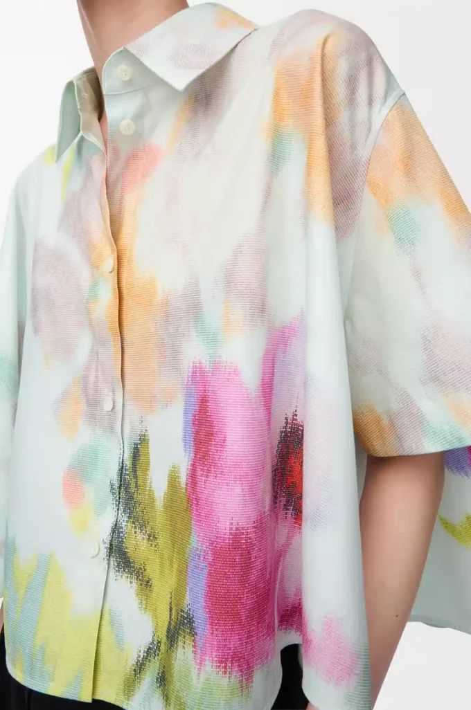 Short sleeve trapeze shirt in cotton and silk Light Blue/Multicolor Short sleeve trapeze shirt in cotton and silk Light Blue/Multicolor