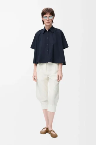 Short sleeve trapeze shirt in cotton Navy Blue