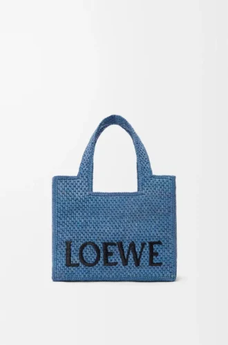 Small LOEWE Font tote in raffia Light Blue