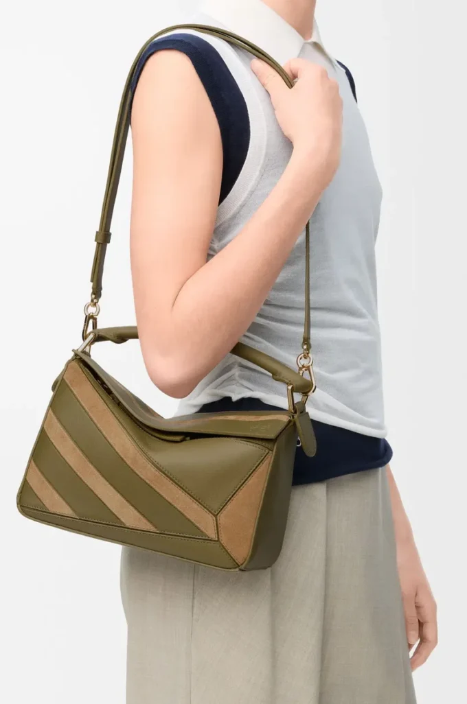 Small Puzzle bag in classic calfskin and suede Olive/Gold Small Puzzle bag in classic calfskin and suede Olive/Gold