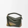 Small Puzzle Edge Landscape bag in nappa calfskin Bottle Green/Ochre