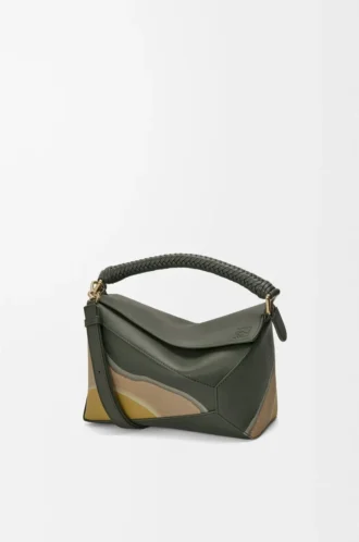 Small Puzzle Edge Landscape bag in nappa calfskin Bottle Green/Ochre
