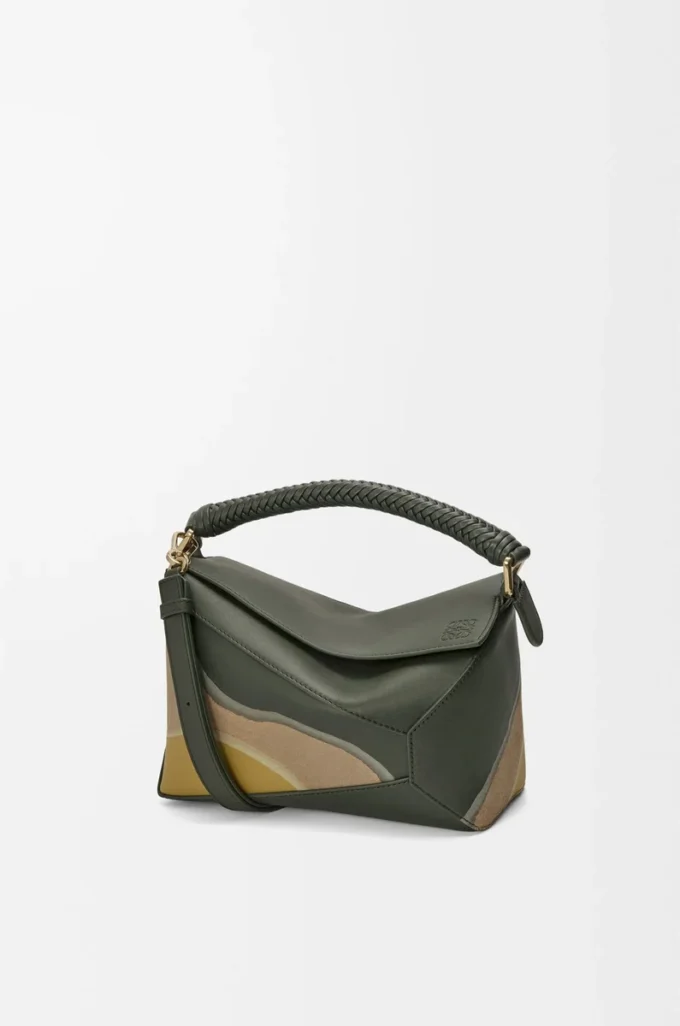 Small Puzzle Edge Landscape bag in nappa calfskin Bottle Green/Ochre
