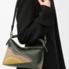 Small Puzzle Edge Landscape bag in nappa calfskin Bottle Green/Ochre
