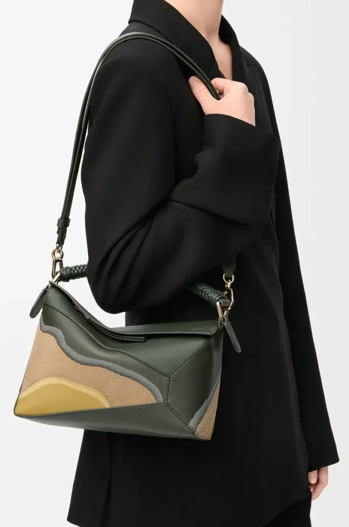 Small Puzzle Edge Landscape bag in nappa calfskin Bottle Green/Ochre