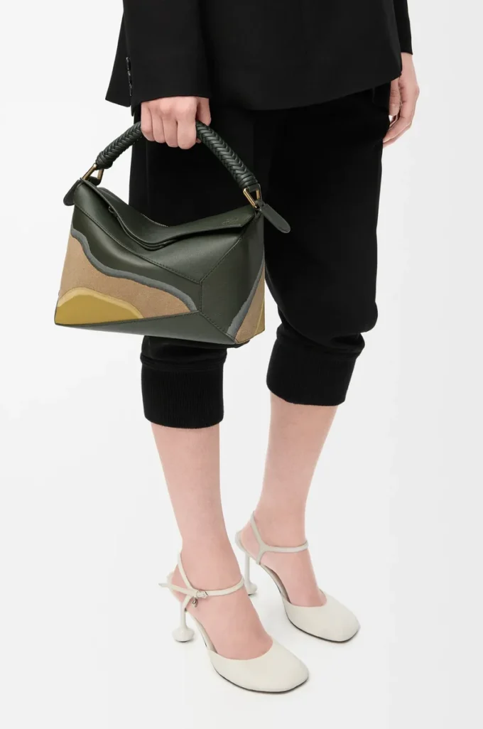 Small Puzzle Edge Landscape bag in nappa calfskin Bottle Green/Ochre