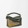 Small Puzzle Edge Landscape bag in nappa calfskin Bottle Green/Ochre