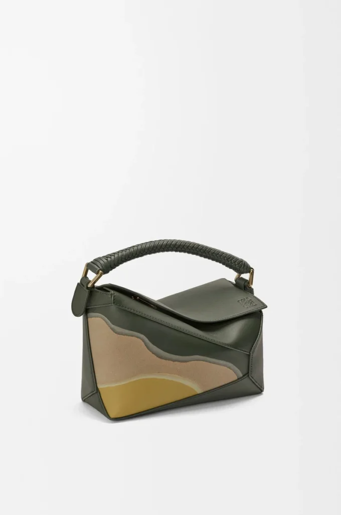 Small Puzzle Edge Landscape bag in nappa calfskin Bottle Green/Ochre