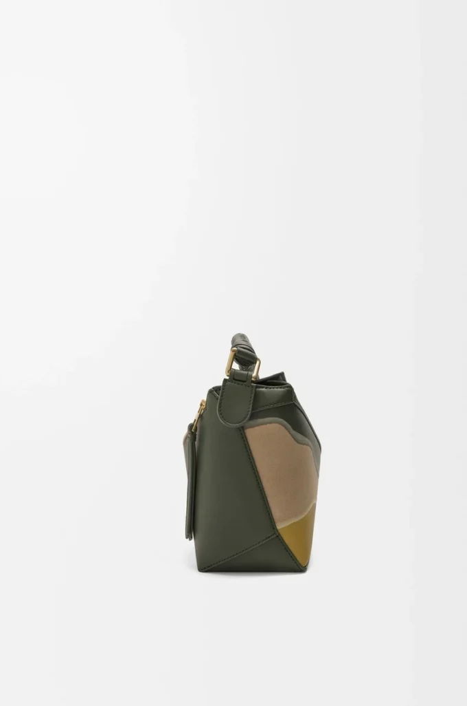Small Puzzle Edge Landscape bag in nappa calfskin Bottle Green/Ochre