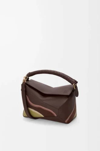 Small Puzzle Edge Landscape bag in nappa calfskin Chocolate/Light Moss