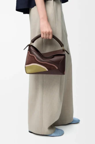 Small Puzzle Edge Landscape bag in nappa calfskin Chocolate/Light Moss