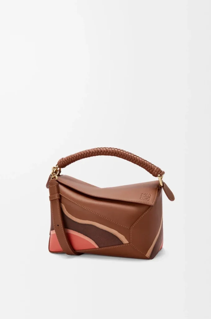 Small Puzzle Edge Landscape bag in nappa calfskin Pecan/Parrot Pink Small Puzzle Edge Landscape bag in nappa calfskin Pecan/Parrot Pink