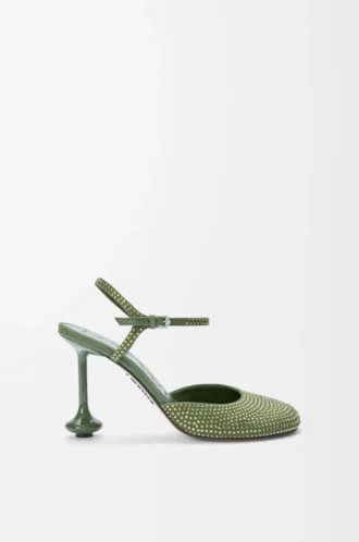 Toy ankle strap pump in rhinestone-embellished suede Military Green