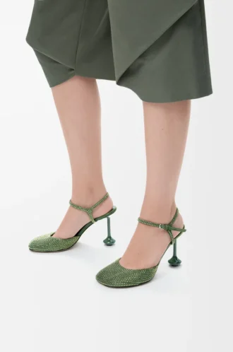 Toy ankle strap pump in rhinestone-embellished suede Military Green