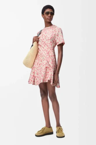 Twisted dress in silk blend taffeta White/Pink