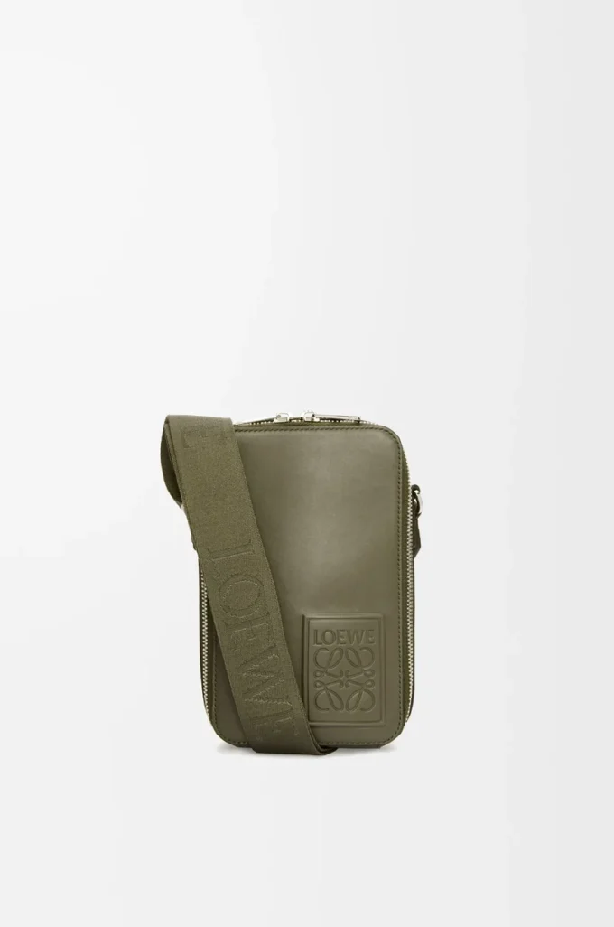 Vertical crossbody pocket in satin calfskin Khaki Green Vertical crossbody pocket in satin calfskin Khaki Green
