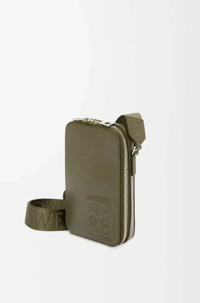 Vertical crossbody pocket in satin calfskin Khaki Green Vertical crossbody pocket in satin calfskin Khaki Green
