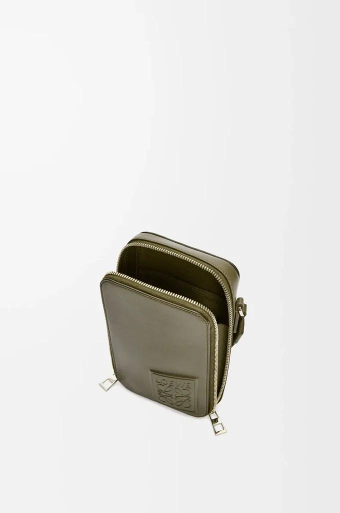 Vertical crossbody pocket in satin calfskin Khaki Green Vertical crossbody pocket in satin calfskin Khaki Green
