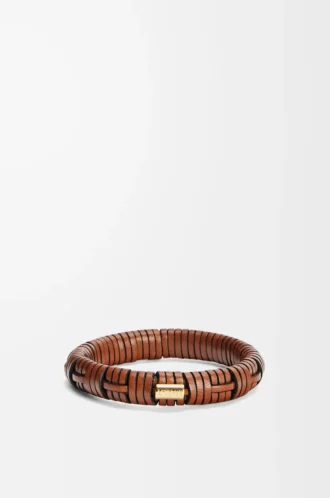 Woven bangle in brass and classic calfskin Tan