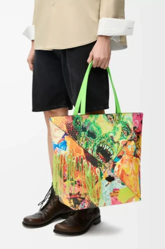 XL Puzzle Fold tote in classic calfskin Vivid Green/Multicolor