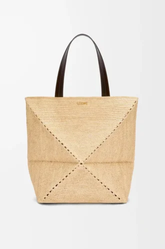 XL Puzzle Fold tote in raffia Natural/Black