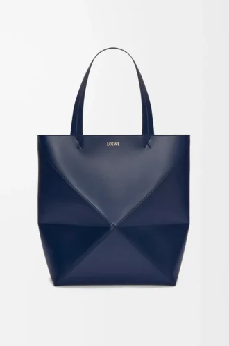 XL Puzzle Fold tote in shiny calfskin Abyss Blue