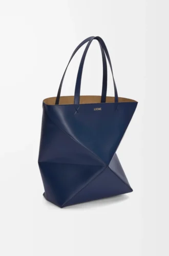 XL Puzzle Fold tote in shiny calfskin Abyss Blue