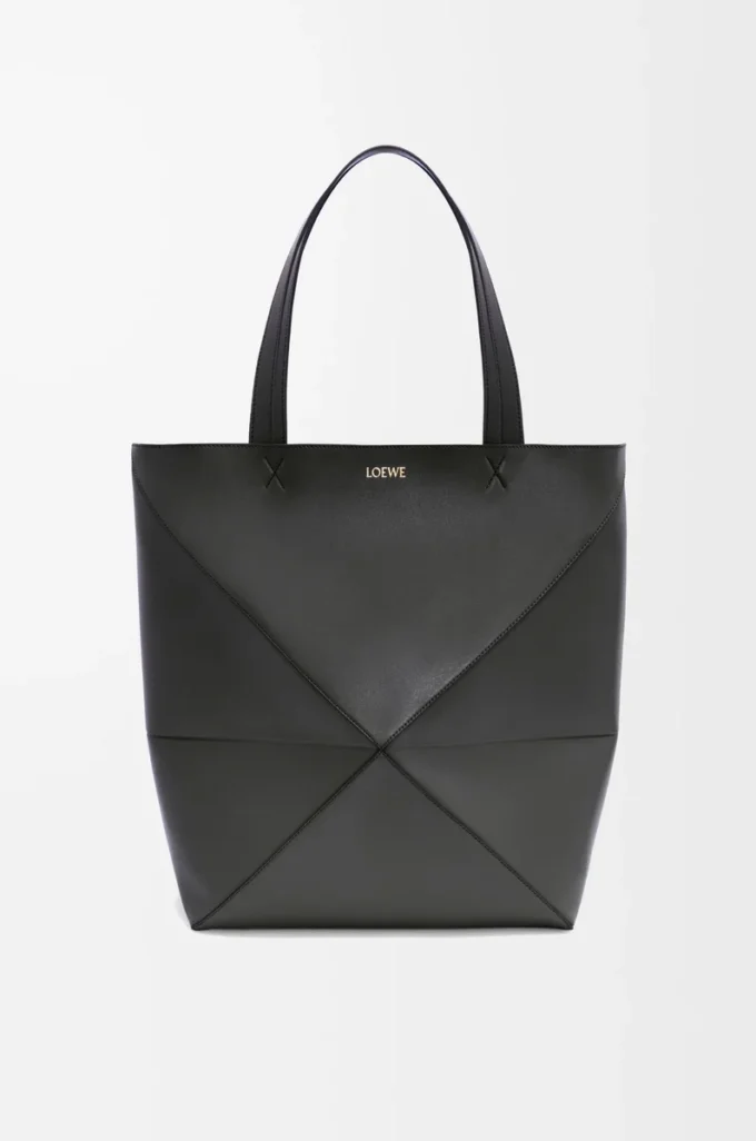 XL Puzzle Fold tote in shiny calfskin Black