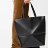 XL Puzzle Fold tote in shiny calfskin Black