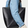XL Puzzle Fold tote in shiny calfskin Black