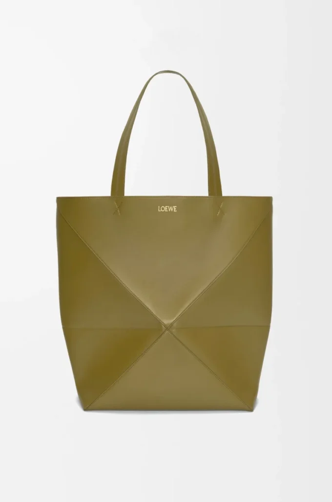XL Puzzle Fold tote in shiny calfskin Olive