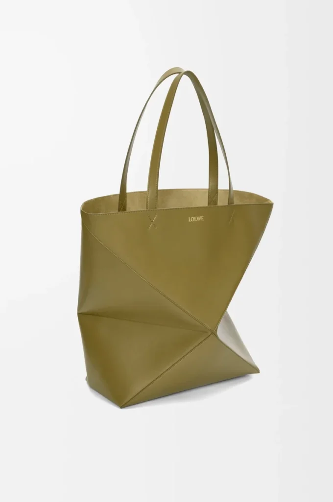 XL Puzzle Fold tote in shiny calfskin Olive
