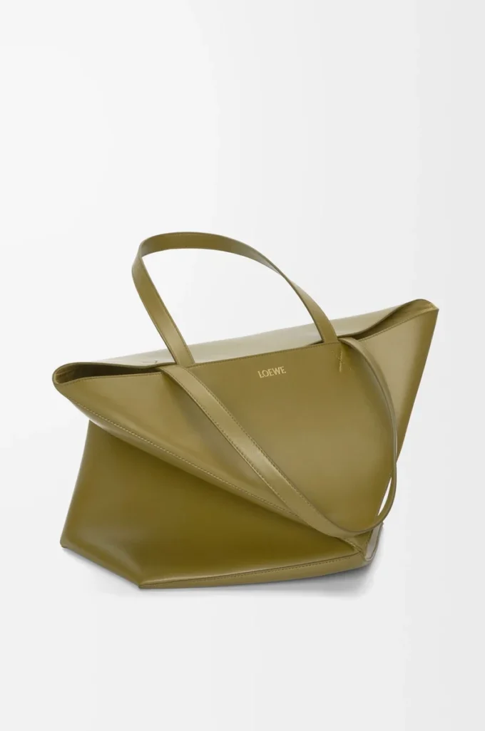 XL Puzzle Fold tote in shiny calfskin Olive