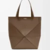 XL Puzzle Fold tote in shiny calfskin Umber