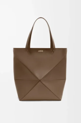 XL Puzzle Fold tote in shiny calfskin Umber