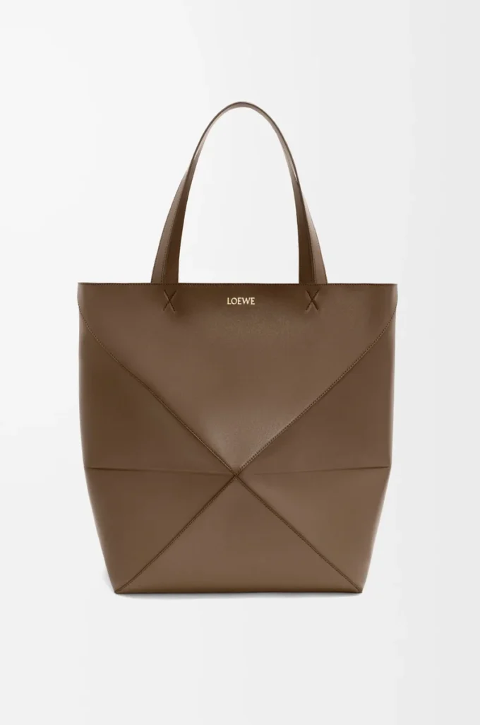 XL Puzzle Fold tote in shiny calfskin Umber
