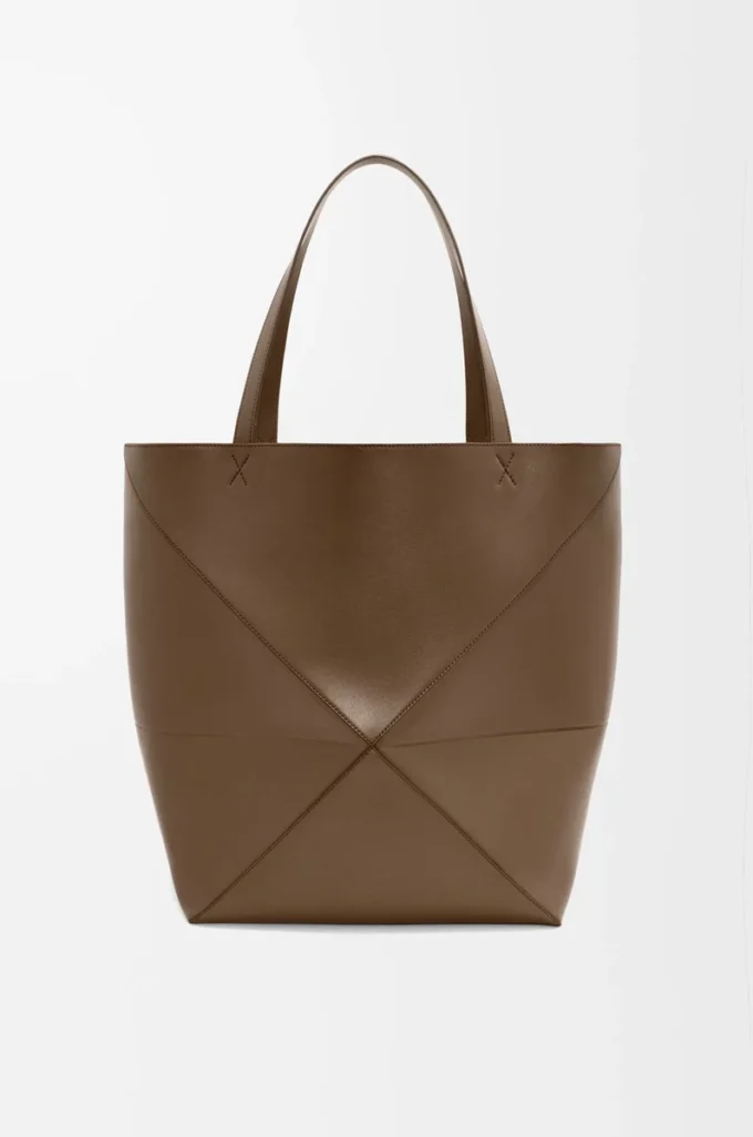 XL Puzzle Fold tote in shiny calfskin Umber