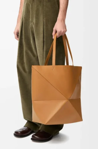 XL Puzzle Fold tote in shiny calfskin Warm Desert