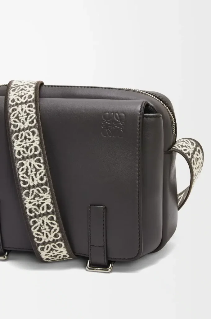 XS Military messenger bag in supple smooth calfskin and jacquard Dark Grey