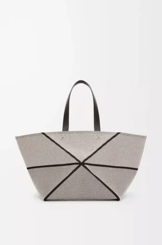 XXL Puzzle Fold tote in canvas jacquard and calfskin Natural/Black