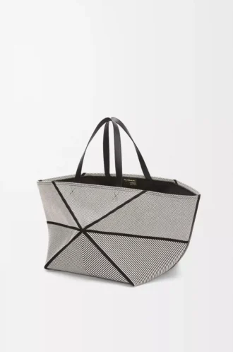 XXL Puzzle Fold tote in canvas jacquard and calfskin Natural/Black