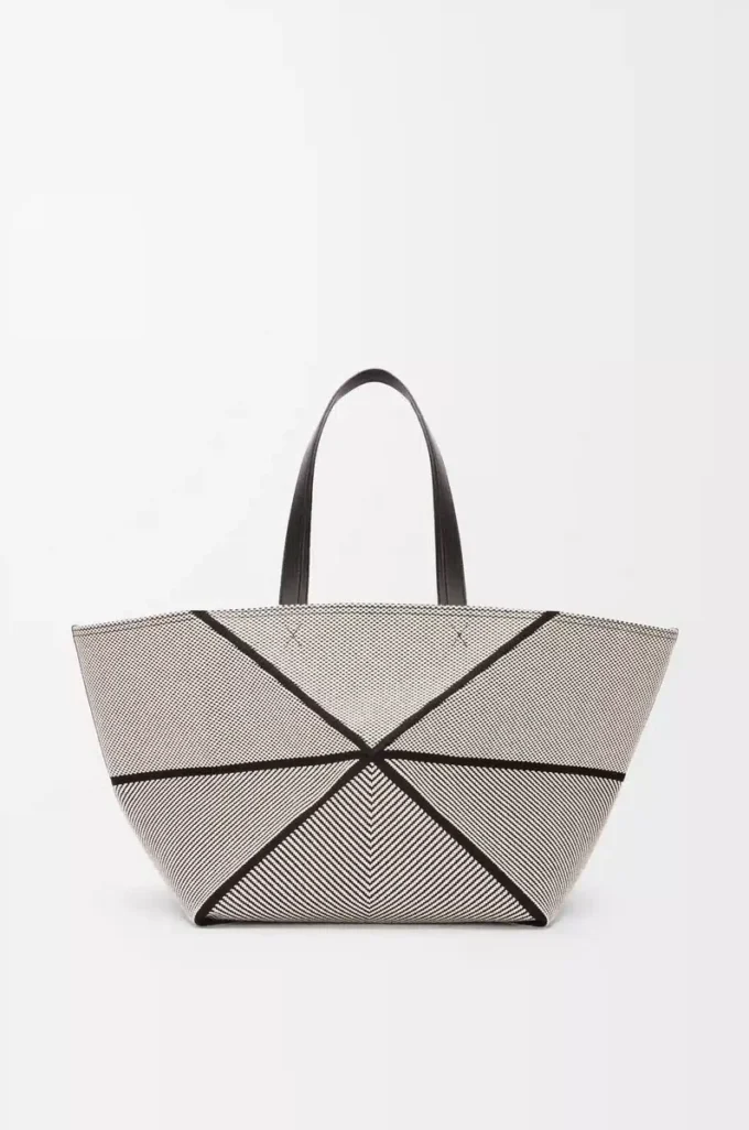 XXL Puzzle Fold tote in canvas jacquard and calfskin Natural/Black XXL Puzzle Fold tote in canvas jacquard and calfskin Natural/Black