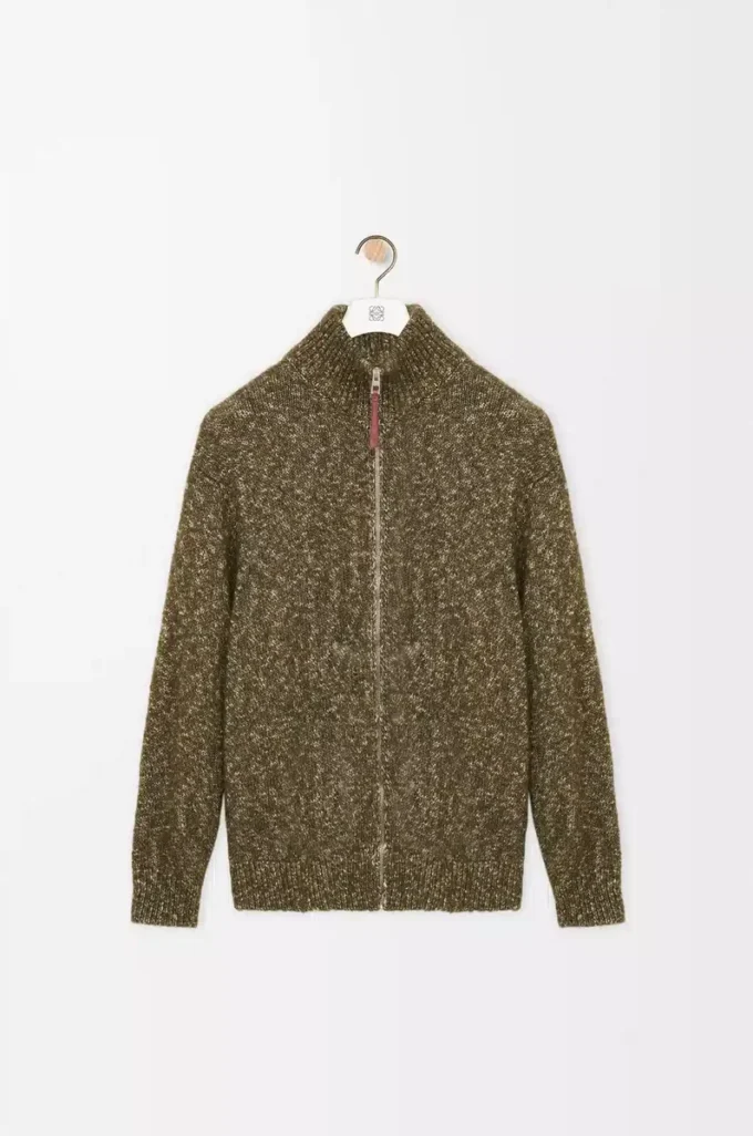 Zip-up cardigan in cotton, linen and wool Khaki Green Zip-up cardigan in cotton, linen and wool Khaki Green