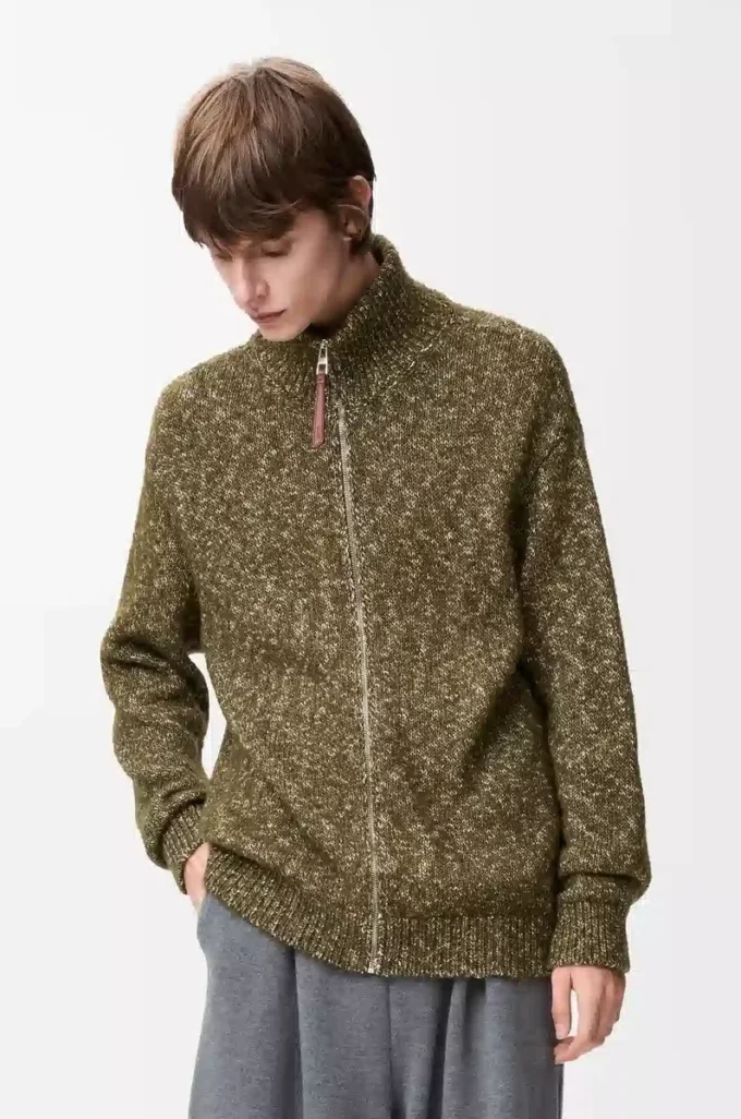 Zip-up cardigan in cotton, linen and wool Khaki Green Zip-up cardigan in cotton, linen and wool Khaki Green