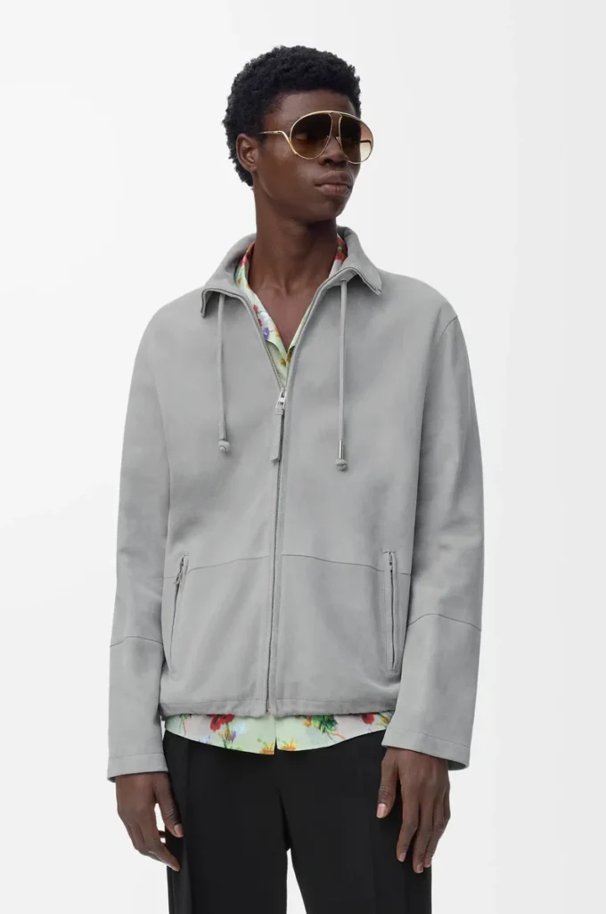 Zip-up jacket in suede lambskin Light Grey Zip-up jacket in suede lambskin Light Grey